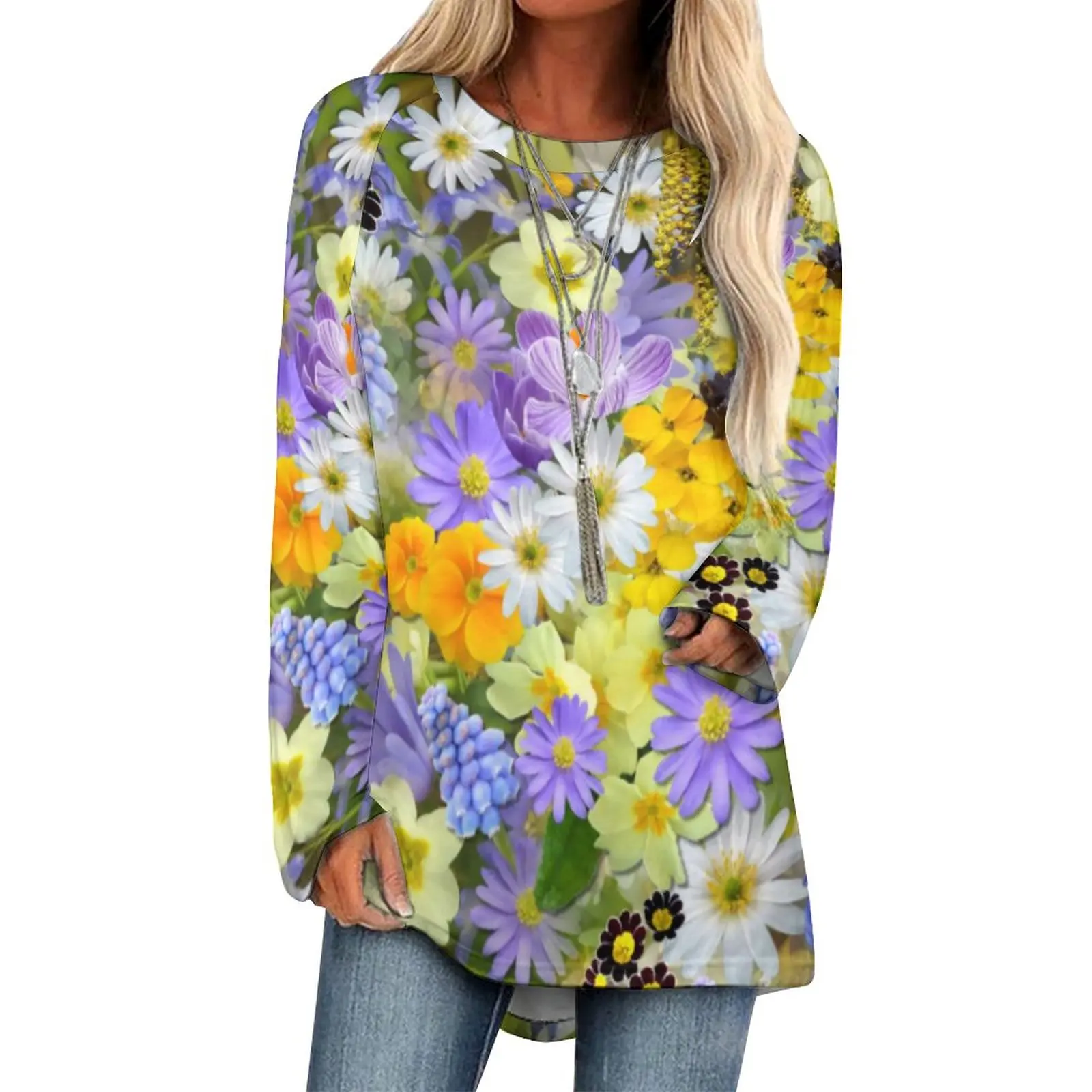 

Purple Daisy Print T Shirts A Burst of Flowers Elegant T Shirt Woman Long Sleeve Street Wear Tops Oversize Design Tees