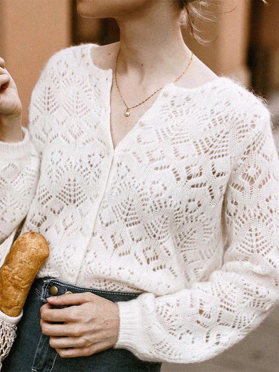 

Crochet Hollow Mohair Cardigan Elegant Woman 2022 O-neck Long Sleeve Fancy Knit Sweater Female Winter Vintage Casual Gilet Pull