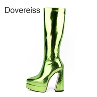 dovereiss 2022 winter 15cm green knee high boots chunky heels zipper platform pointed toe fashion waterproof new 41 42 43 44 45