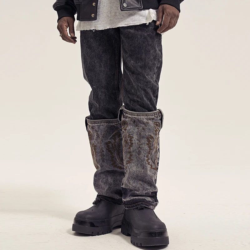 

Feet Detachable Embroidery Washed Kanye Jeans Pants Men's Straight Retro Streetwear Baggy Casual Denim Trousers Oversized