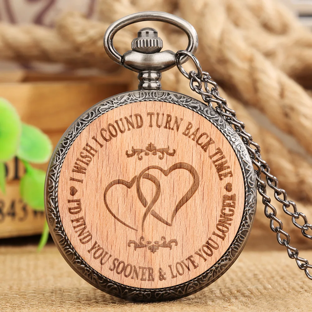 

Double Heart Pattern Wood Chip Cover Quartz Pocket Watch Vintage Pendant Pocket Watch Arabic Numerals White Dial Necklace Clocks