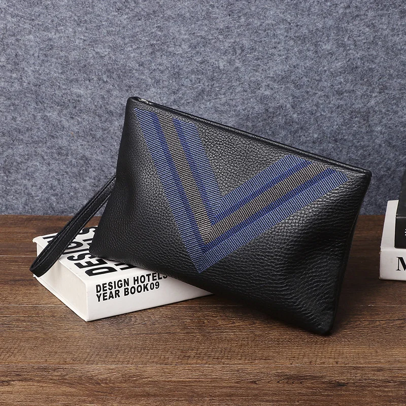 genuine  luxury Men's handbag leather brand leisure clip grab lattice envelope