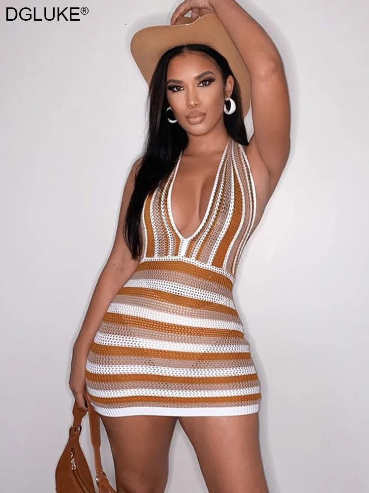

Hollow Out Crochet Mini Dress Striped Knit Backless Halter Bodycon Dress Sexy Boho Summer Beach Dress Club Outfit