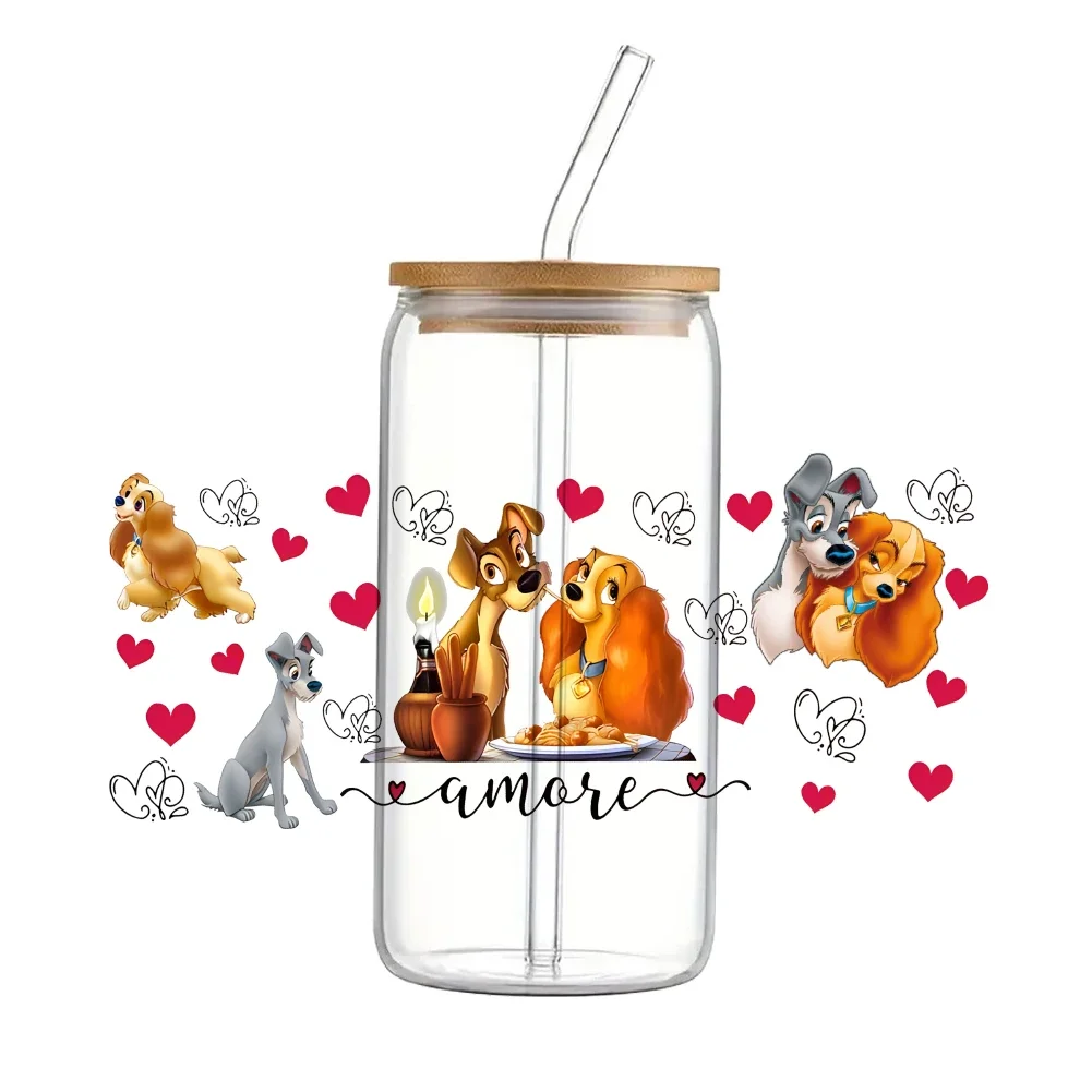 w postaci kreskówki Disney Lady And The Tramp UV DTF Transfer Sticker Wodoodporne naklejki transferowe do naklejek na szklane kubki o pojemności 16