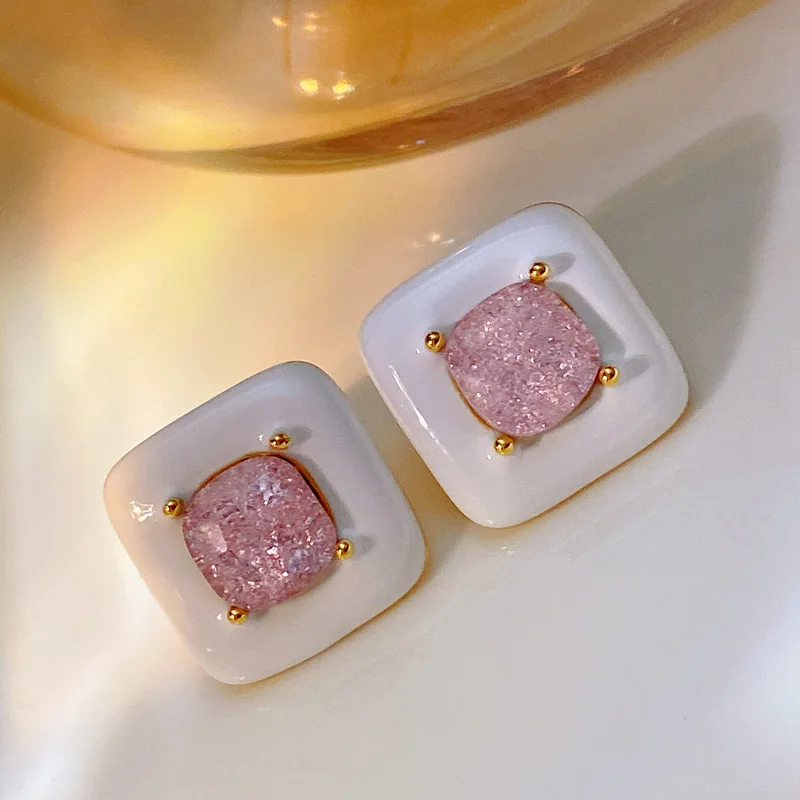 

INS sweet girl enamel white square pink square zircon earrings candy color small square earrings
