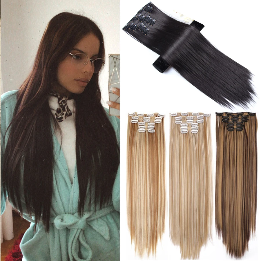 

Синтетические длинные прямые накладные волосы с эффектом омбре, термостойкие искусственные шиньоны с 16 зажимами для женщин, 22 дюйма