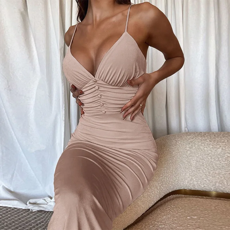 

European and American Style Women's Dress in the Fall of 2021 New Sexy Slim Bag Hip Skirt Button Pleated Strap Female Dress