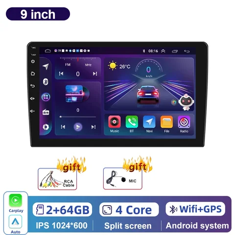 Автомагнитола Podofo, 2DIN, Android, GPS, 9 дюймов, 1080P, 2.5D, зеркало из закаленного стекла, MP5-плеер с BT, Wi-Fi, GPS, FM-радио, приемник