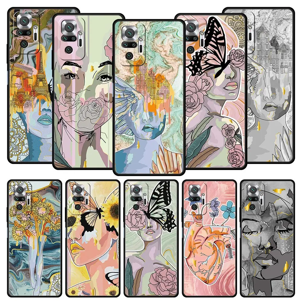 

Soft TPU Phone Case For Xiaomi Redmi Note 10 11 9 8 Pro 9S 7 8T 9T 9A 8A 9C K50 K40 Gaming Cover marble Parisian girl art flower