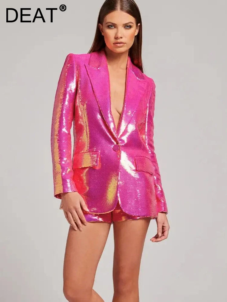 

DEAT Fashion Women 2 Pcs Set Notched Collar Single Button Rose Pink Sequin Blazer Knee Length Pants Suit Summer 2023 New 17A8039