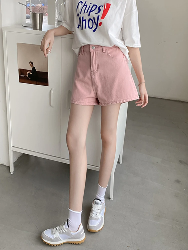 New Spring Summer Women High Waist Wide Leg Pink Denim Shorts Casual Female Button Loose Jeans Shorts Ladies Bottoms