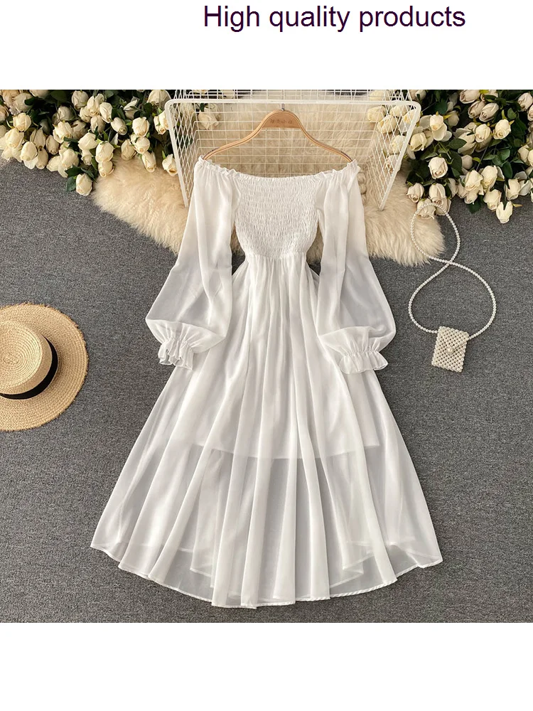 

For Summer Women French Elegant Holiday Long Puff Sleeve Slash Neck Off Shoulder Smocked White Chiffon Dresses