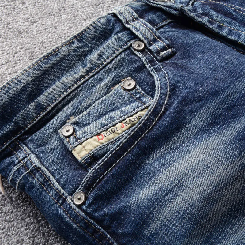 Fashion Casual Men Jeans Retro Blue Stretch Slim Fit Ripped Jeans Men Trousers Embroidery Designer Vintage Denim Pants Hombre