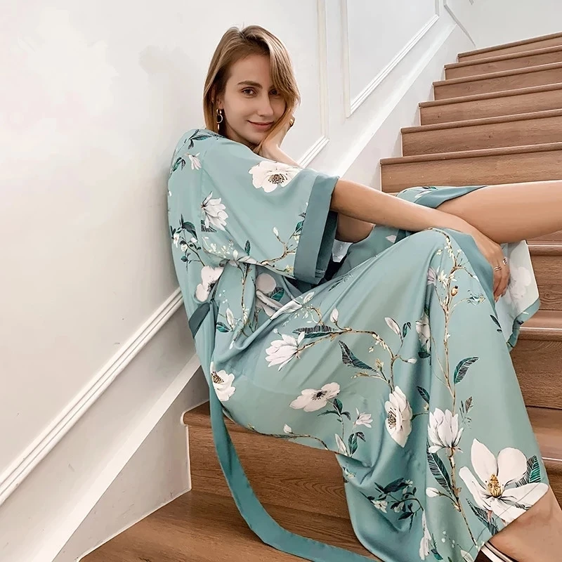 Soft Floral Robes Women Long Bathrobe Satin Kimono Bath Robe Sleepwear Dressing Gown Female Nightwear Home Wear Clothes