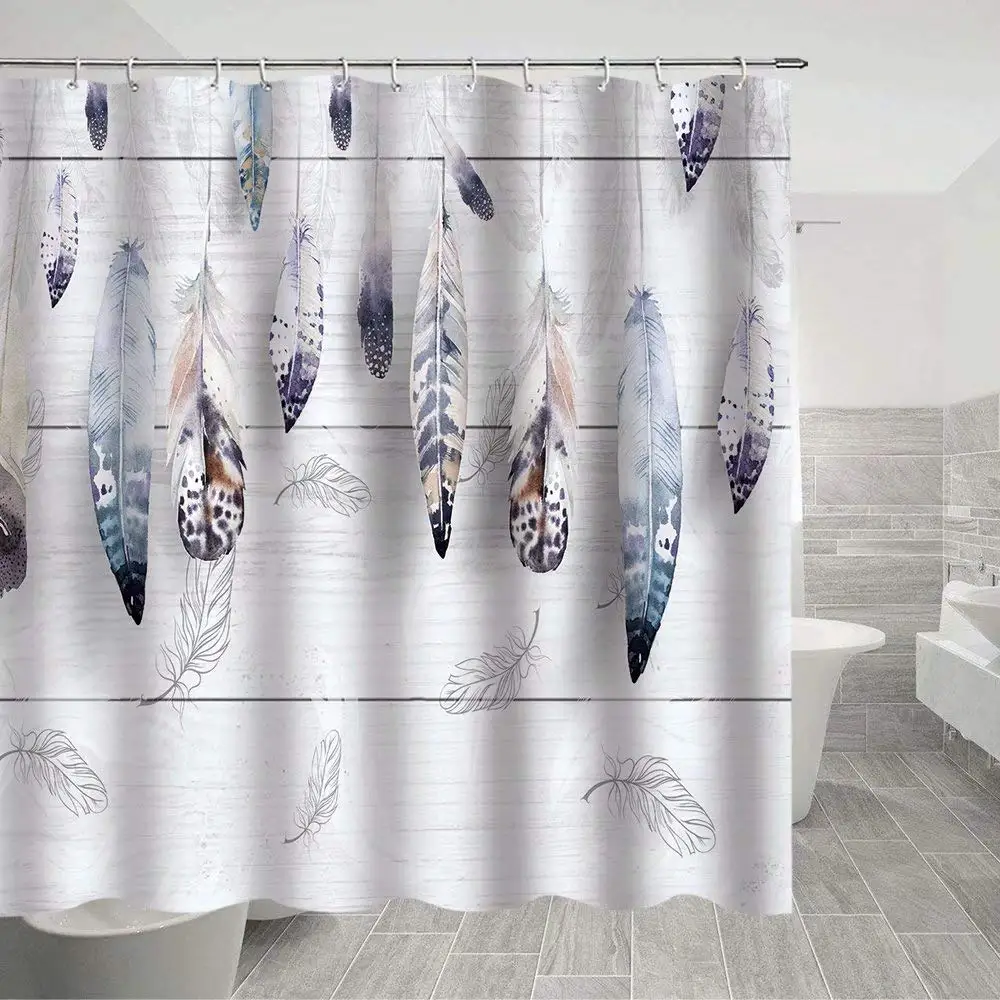 Feathers Shower Curtain Vaned Types and Natal Contour Bird Feathers and Animal Skin Element Fabric Bathroom Decor Sets Hooks