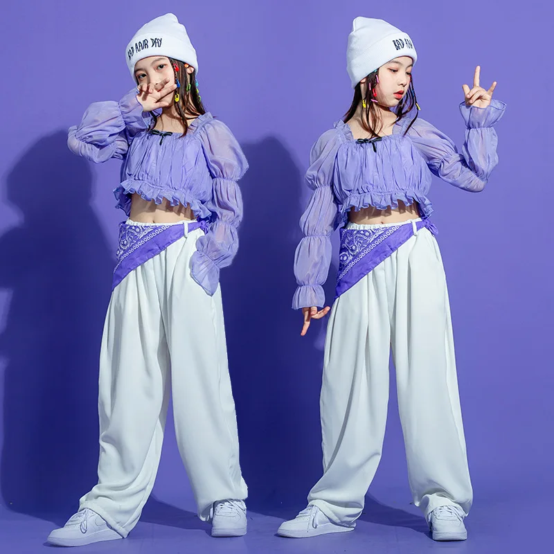 

Children Girls Streetwear Hip Hop Suits Sets Puff Long Sleeve T-shirt Wide Leg Pant Kids Dance Stage Show Clothing Tracksuits