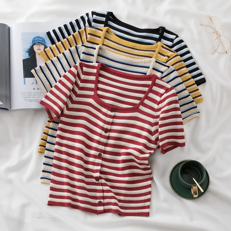 

Square neck striped knitted short-sleeved T-shirt thin section 2021 summer new slim bottoming shirt tops women's single-breasted