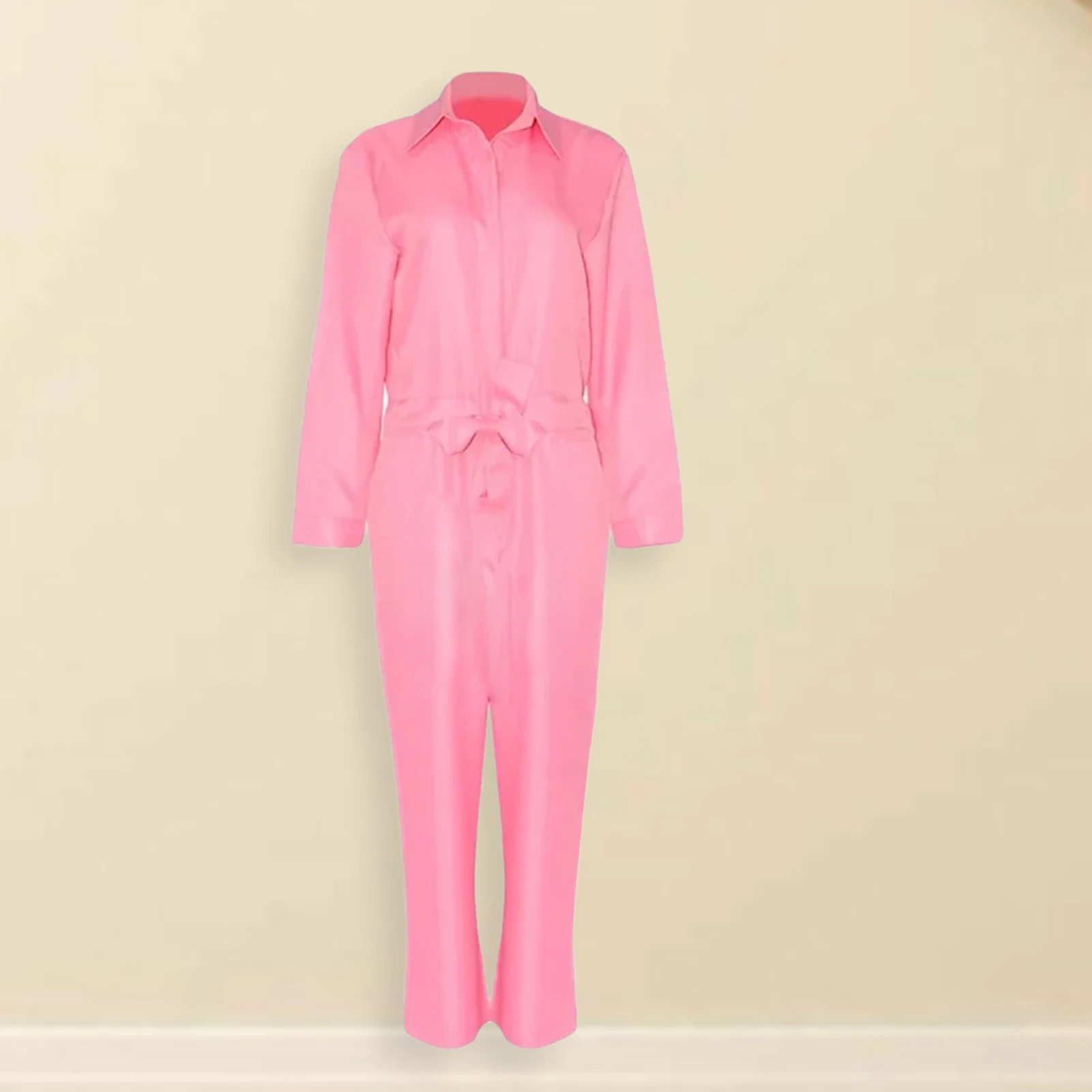 

Women Single Breasted Turn Down Collar Basic Loose Jumpsuit Solid Color Ladies Long Sleeve Jumpsuit Sexy Style Daily Outfit