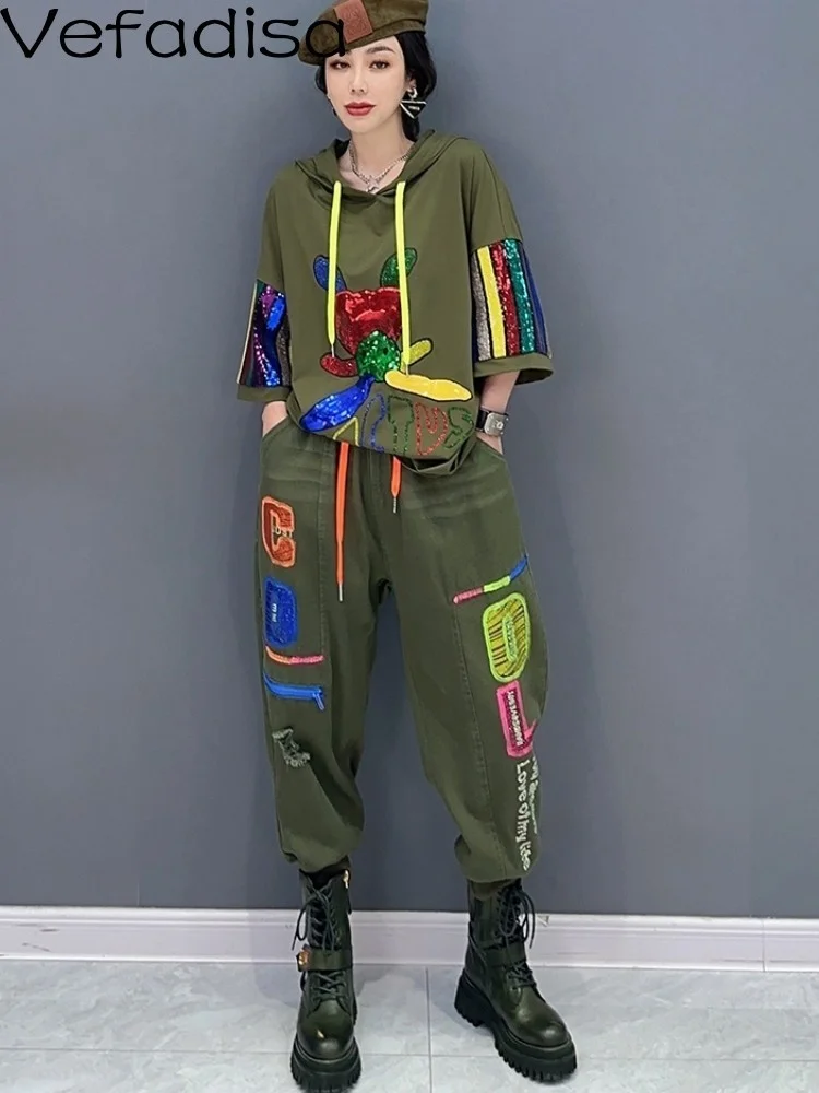 

Vefadisa 2023 Spring New Fashion Hoodie Casual Pants Two-piece Women Wear Cartoon Pattern Decor Trendy Girl Matching Suit ZY584