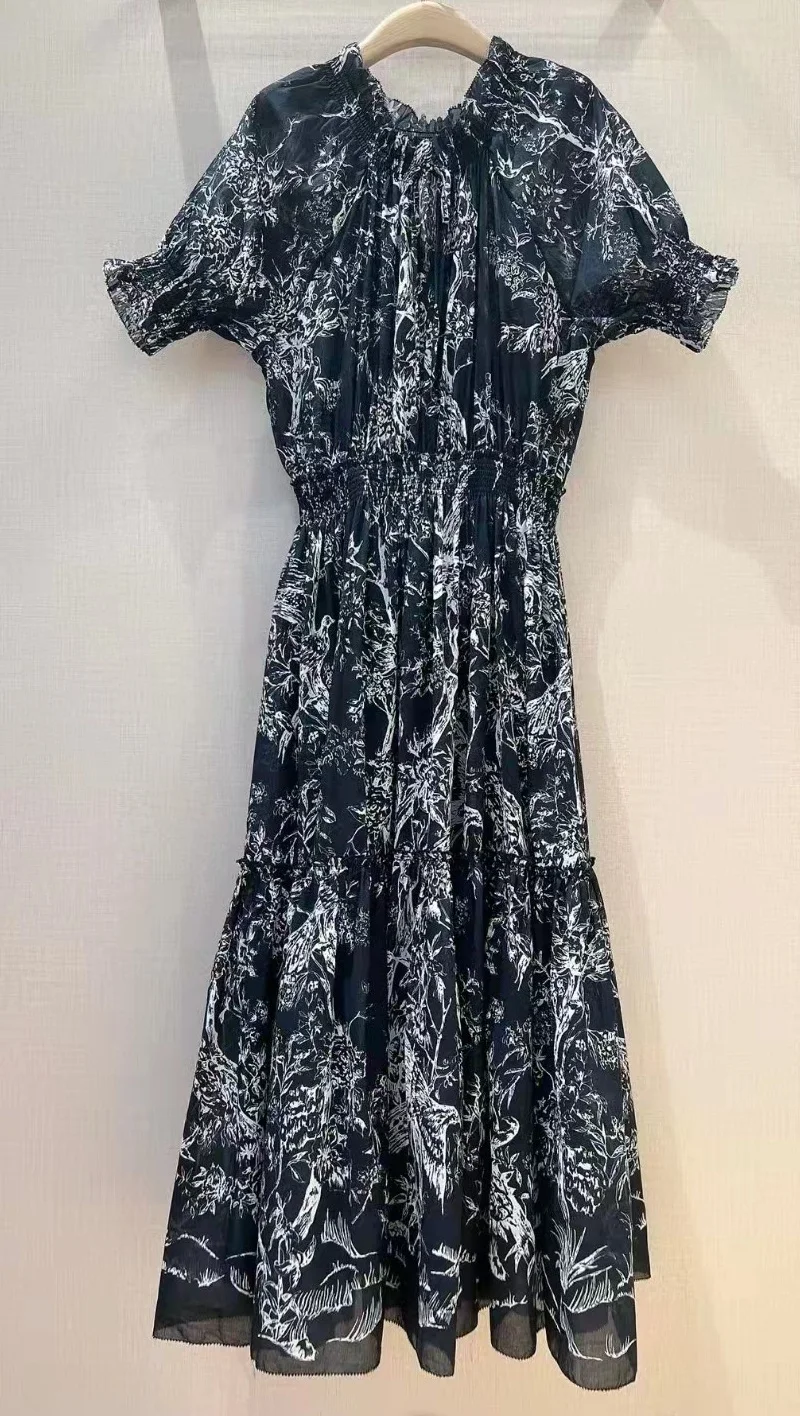 100%Cotton Long Dress 2023 Spring Summer Style Women Vintage Prints Elastic Waist Short Sleeve Casual Dark Blue Long Maxi Dress