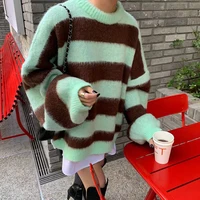 Women's Clothing Korean Stripe Knitting Sweater Round Neck  Long Sleeves Vintage Casual Fashion Baggy Ladies Tops Autumn