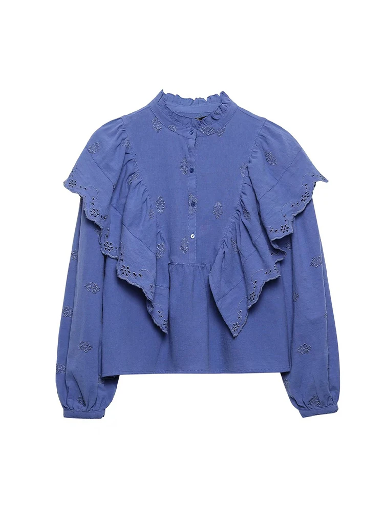 

PB&ZA5770021 Women 2022 New Sweet Fashion Laminate decoration Embroidery Blouses long Sleeve Female Shirts Chic Tops 5770/021