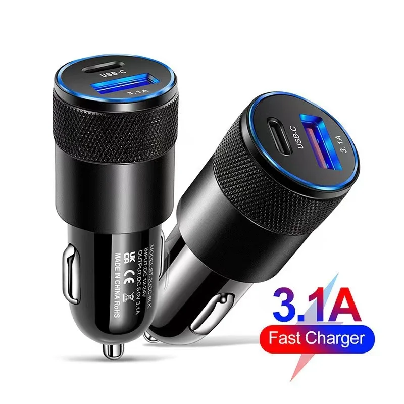 

3.1A 15W USB+PD Mini Car Charger Metal Aluminum Alloy Fast Charger Car Chargers for Gps Mobile Phones and Driving Recorder