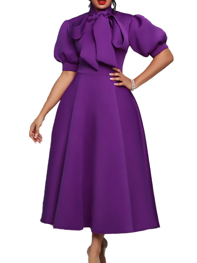 Large size women's summer new bow celebrity solid color banquet dress skirt short sleeve plus size dresses