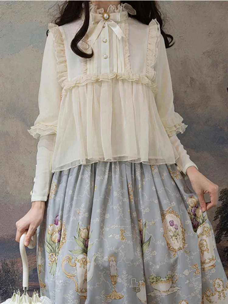 Женская шифоновая рубашка в стиле ретро винтажном блузка на шнуровке с оборками