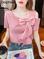 summer 2022 t shirt for women new ruffled bow short sleeved slim fit design off one shoulder top ladies basic tees