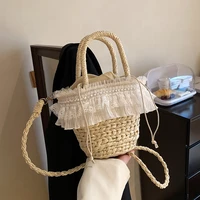 small lace straw basket women shoulder bags summer woven hand bags woman handmade handbags straw beach crossbody bags for women