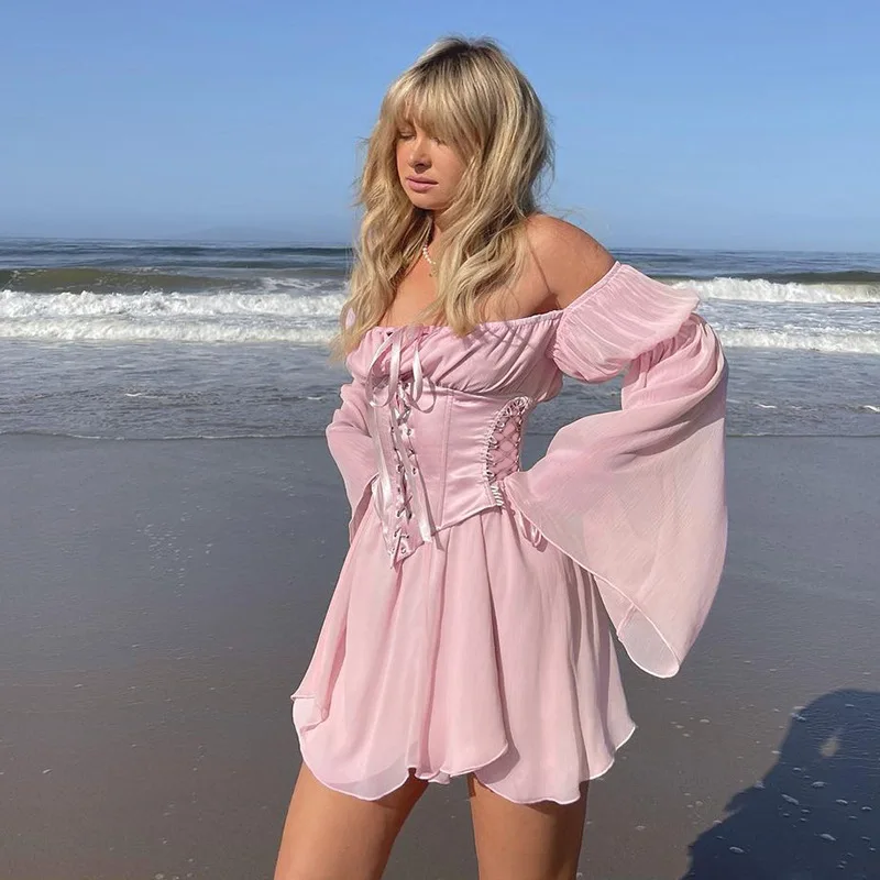 

Fairy Pink Chiffon Mini Dress Chic Women Bandage Corset Vintage Long Puff Sleeve Sundress Slash Neck Bridesmaid Bodycon Beach