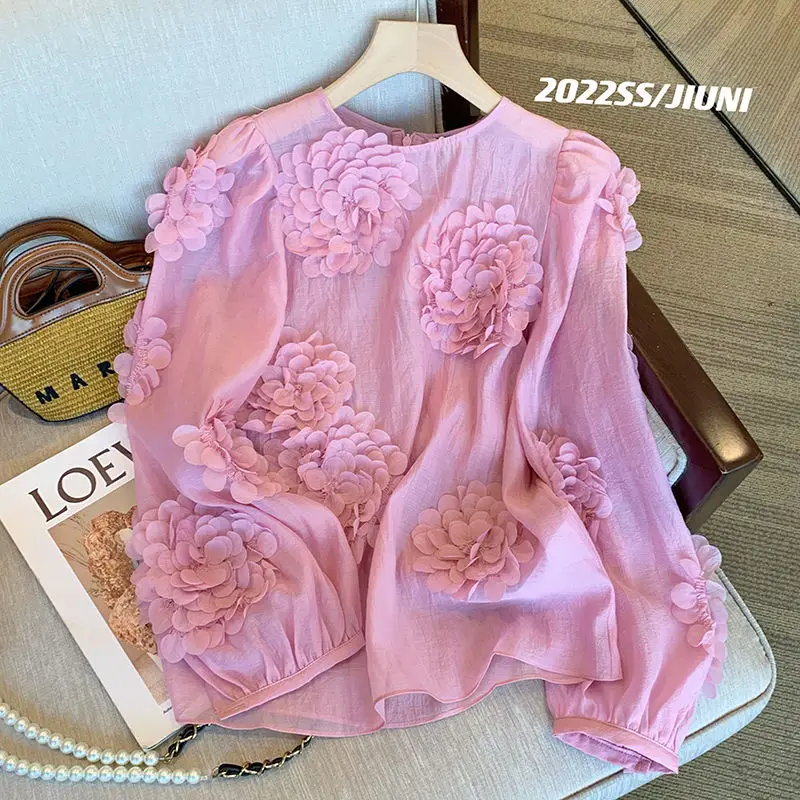 

Spring Summer Pink Blouse Shirts Women's Young Ladies Luxury Handmade Floral Appliques Blouses Party Blousa Tunic Tops NS596