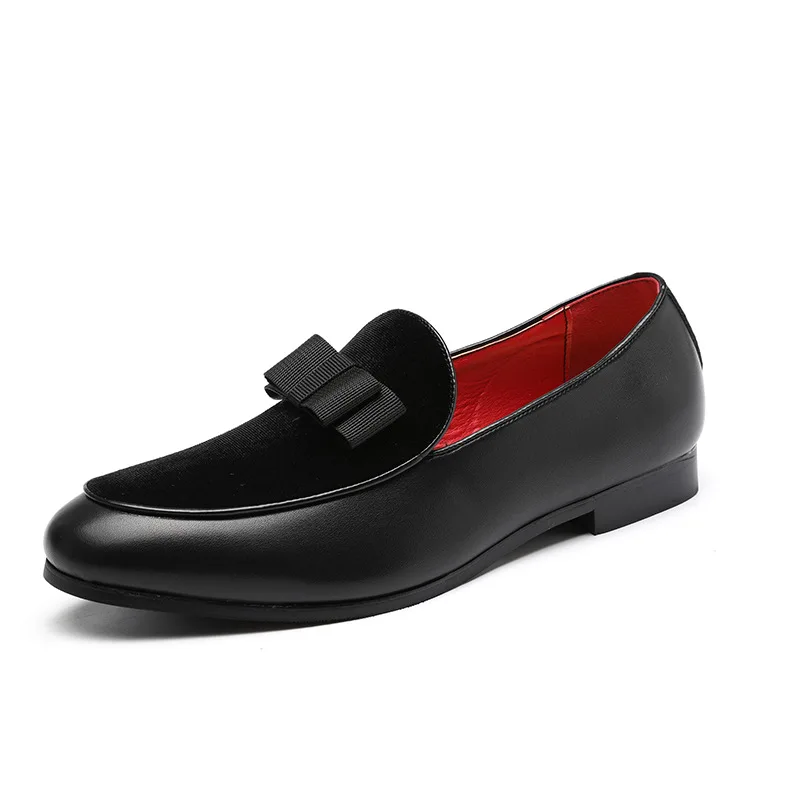

Fashion Elegant Bowknot Men Wedding Shoes Brand Designer Men Flats Leather Dress Loafers Shoes Zapatos Hombre Black Red 2.5