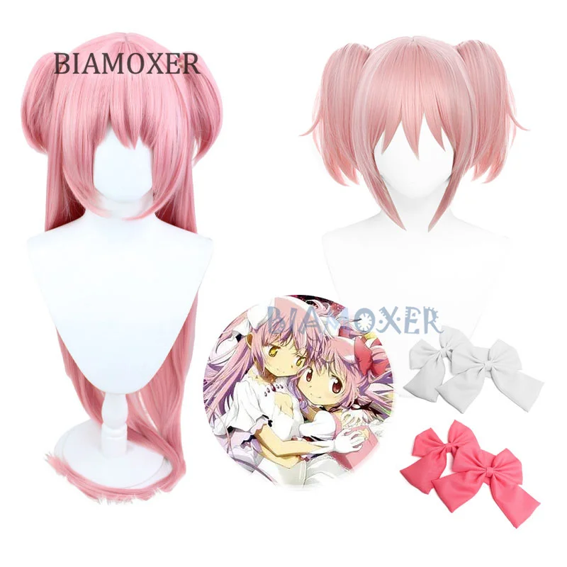 

2 styles Kaname Madoka Cosplay Wig Bow Anime Puella Magi Madoka Magica Pink Double Ponytail Wig Heat Resistant Hair Halloween