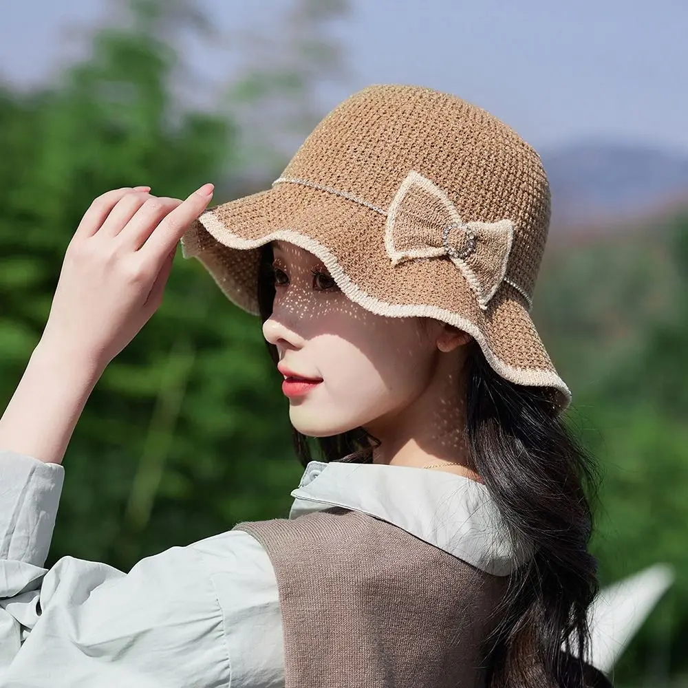 

Visor Hat Fashion Solid Color Travel Outdoor Knitted Wave Brim Beach Women Cap Bowknot Sun Hat Fisherman Hat Bucket Hat