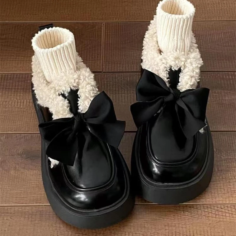 

2023 Sweet Bowknot Loli Girls Shoes Victoria Lolita Thick Bottom Plus Velvet Winter Warm Kawaii Lolita Japanese Princess Shoe