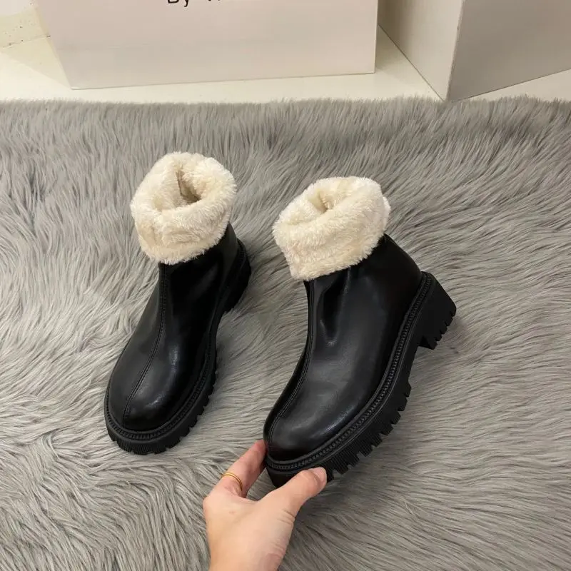 

New 2022 Autumn Winter Round Head Boots Shoes Women Winter Women's High Boots The Fleece Thick Sole Black Platform Boots