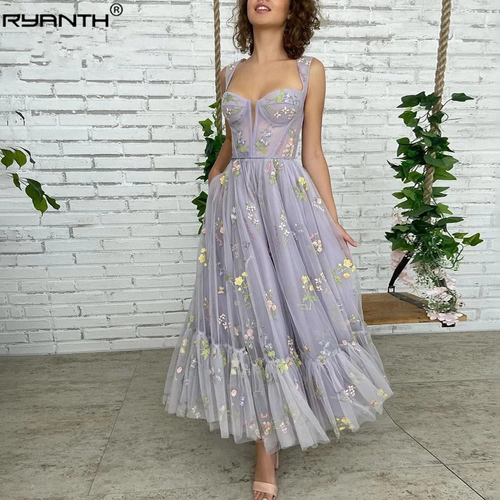 

Ryanth Lavender Embroidery Prom Dresses Sweetheart Ankle Length Tulle A-Line Party Lace Formal Evening Gowns Vestidos De Fiesta