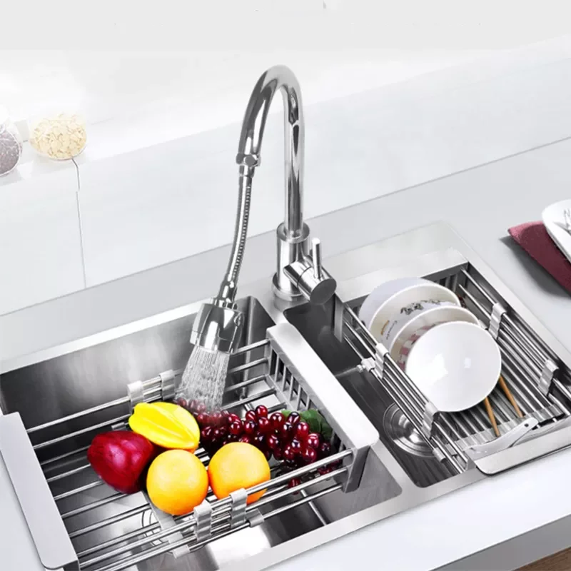 

2023 Adjustable telescopic stainless steel kitchen with sink vegetable rack drying rack plug-in storage rack fruit and vegetable