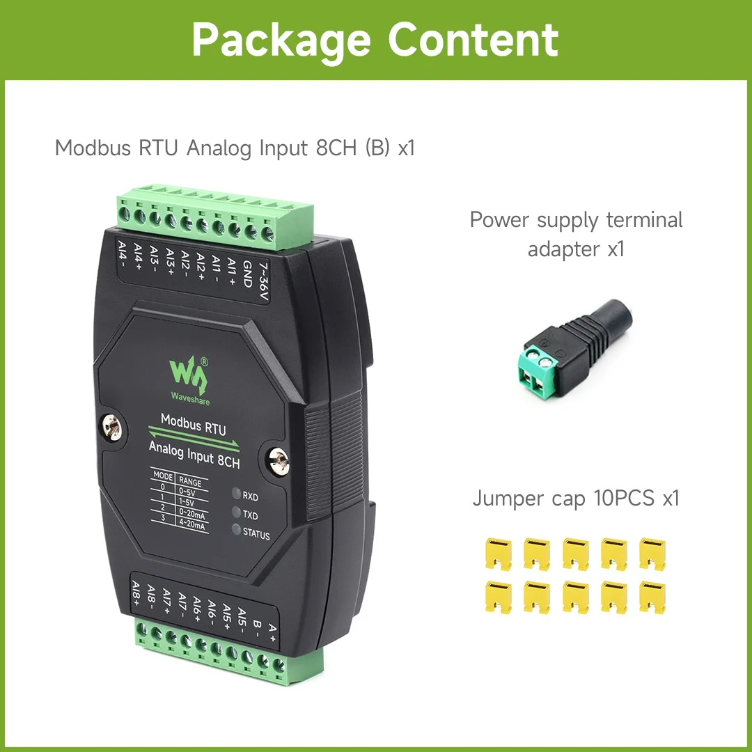 Промышленный аналоговый вход Waveshare Modbus RTU, 8 каналов, Modbus RTU, 12-битный высокоточный, поддерживает сбор напряжения и тока (art.: 3920ce84fbe89) - 3920ce84fbe89