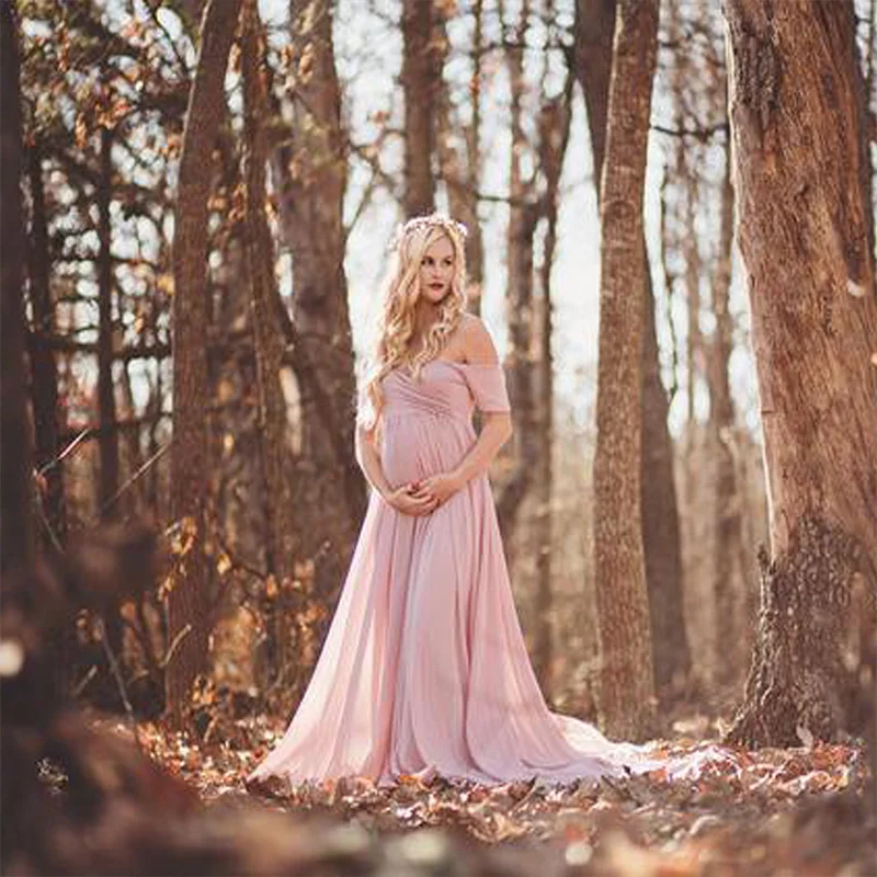 Maternity Off Shoulders Half Circle Gown for Baby Shower Photo Props Dress Maternity photography Props Short Sleeve V-Neck Dress enlarge