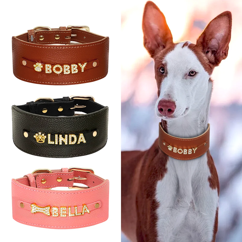 

Personalized Dog Collar PU Leather Wide Collars for Dogs Greyhound Bling Rhinestone Letter Charm Accessories Bone Heart Pendant