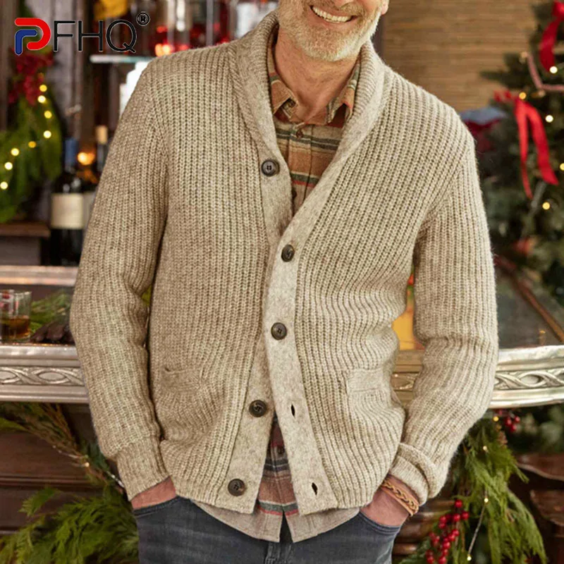 

PFHQ 2023 Autumn Winter Men's Solid Color Lapel Knitted Cardigan Trendy Elegant Casual Gentleman Jacket Sweaters Coat Clothes
