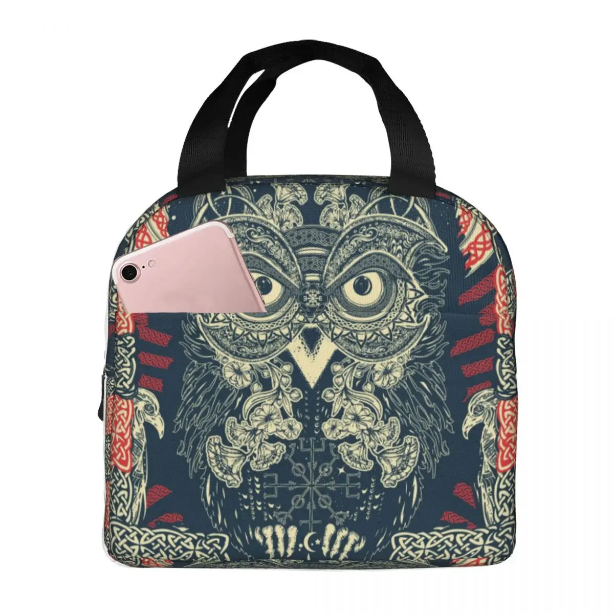 

Magic Owl And Celtic Ornaments Cooler Bag Portable Zipper Thermal Lunch Bag Convenient Lunch Box Tote Food Bag