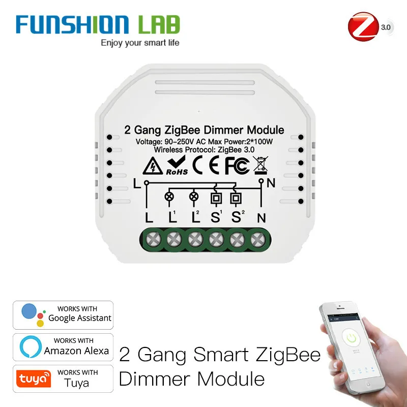 

FUNSHION Mini DIY Tuya ZigBee Smart 2/Gang Light Dimmer Switch Module Hub Required Smart Life Alexa Google Home Voice Control