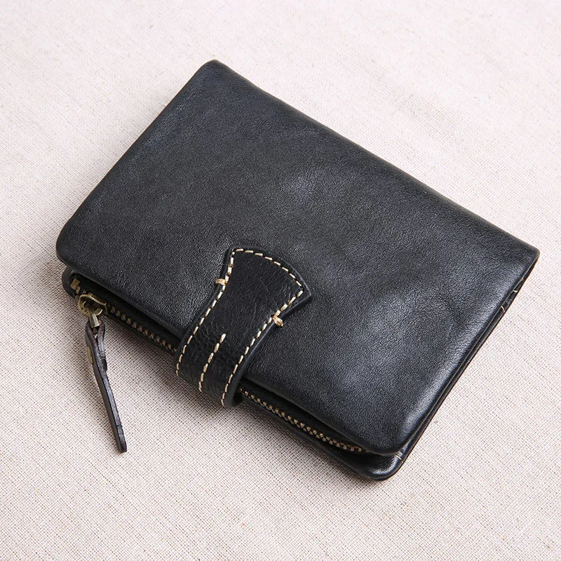 Genuine leather large capacity men women's tri-fold small wallet simple casual real cowhide credit card holder black coin purse