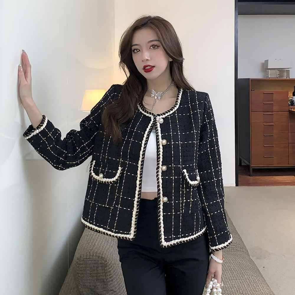 

Fahsion O-neck Plaid All-match Jacket 2022 New Korean Loose Tops Women Chic Pearl Button Fake Pockets Femme Coat
