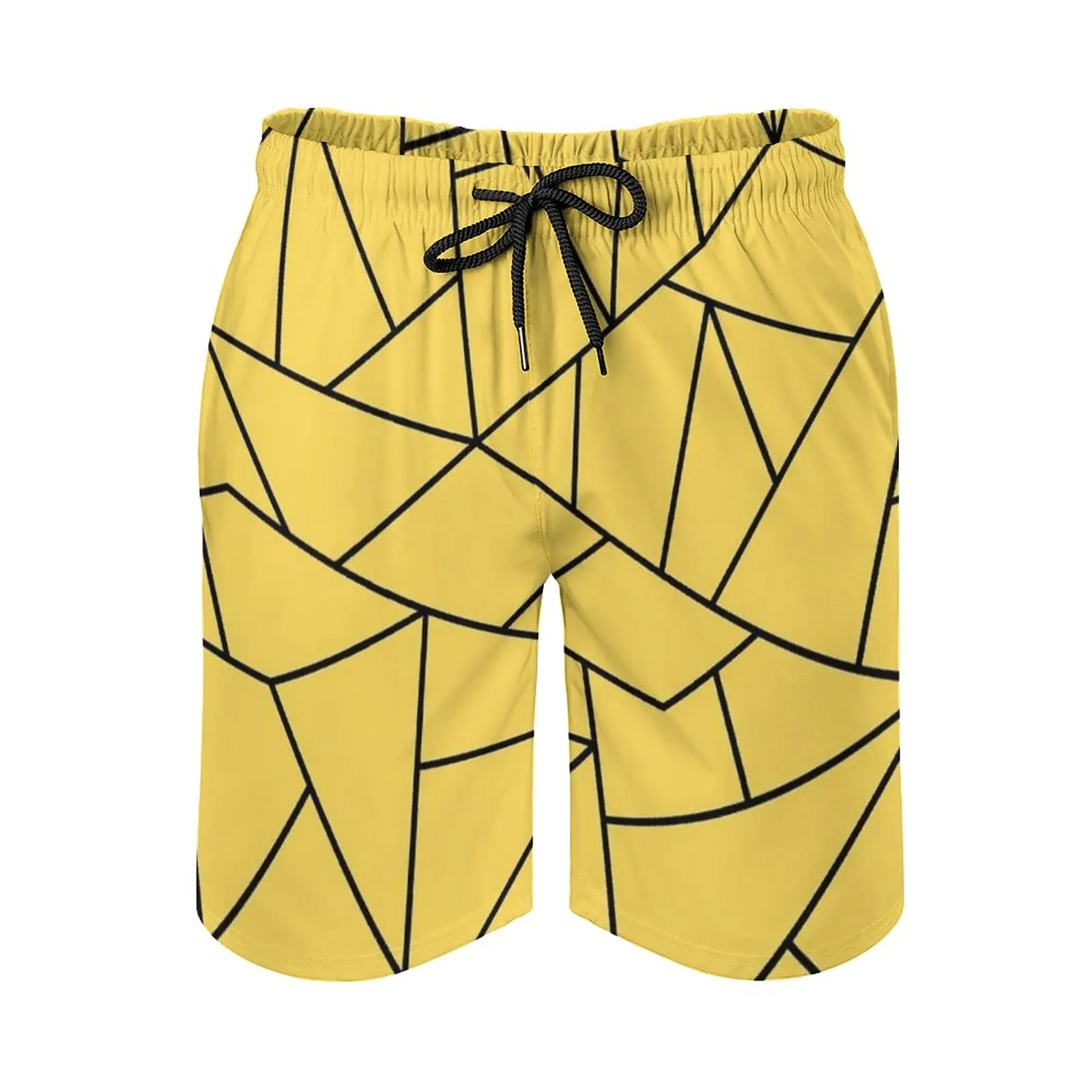 

Mustard Yellow Black Mosaic Lines Men's Sport Running Beach Shorts Trunk Pants With Mesh Lining Trunks Shorts Mustard Yellow
