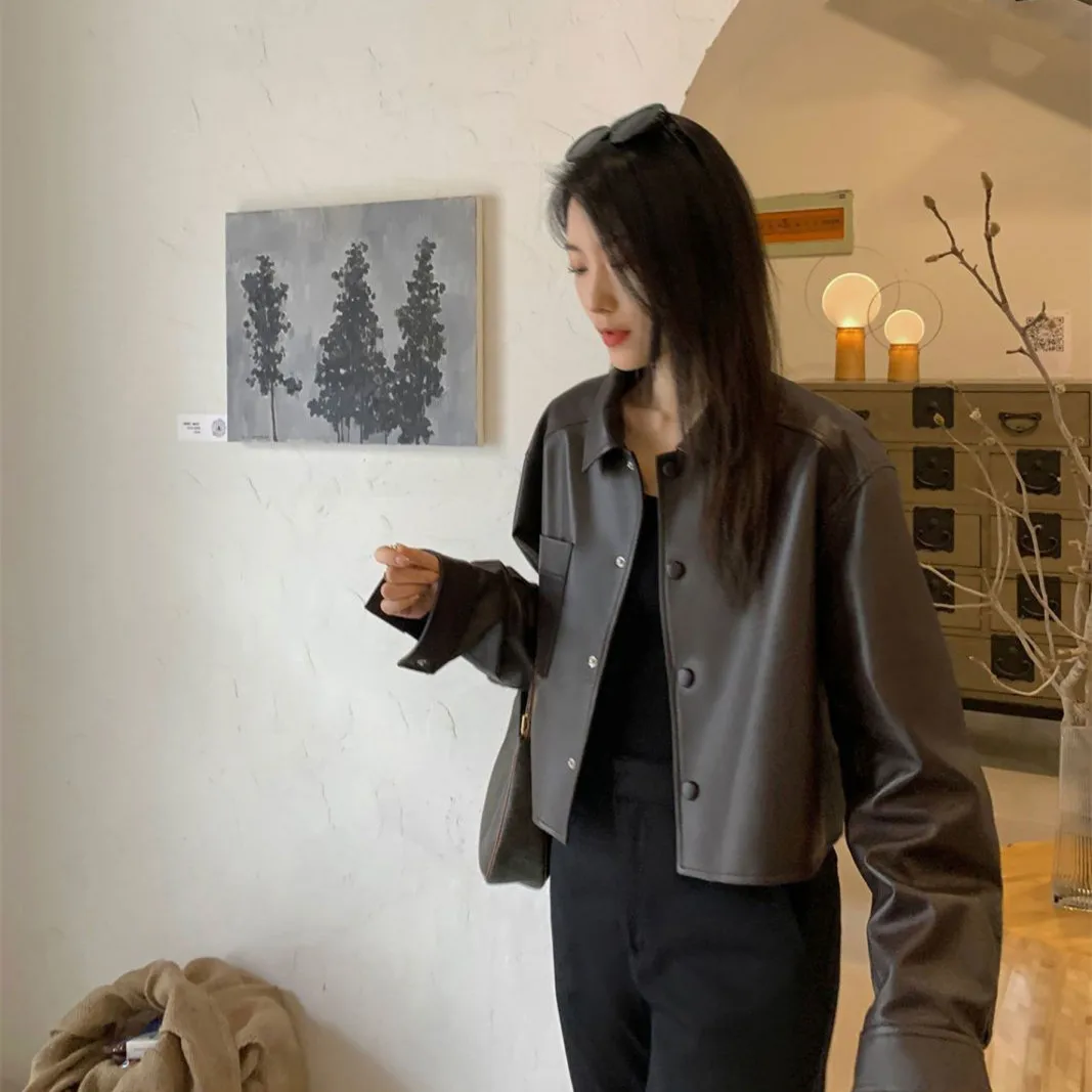 Vintage PU Leather Jacket Women Button Up Lapel Collar High Waisted Motorcycle Jackets Spring Fall Outfits Coats